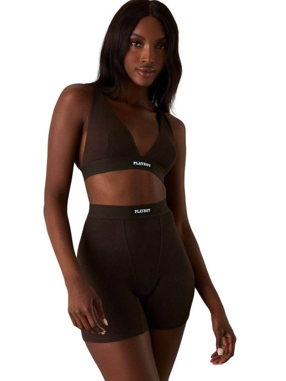 Playboy Ribbed Triangle Bralette & High-Waist Shorts Set Brown Boxer Loungewear